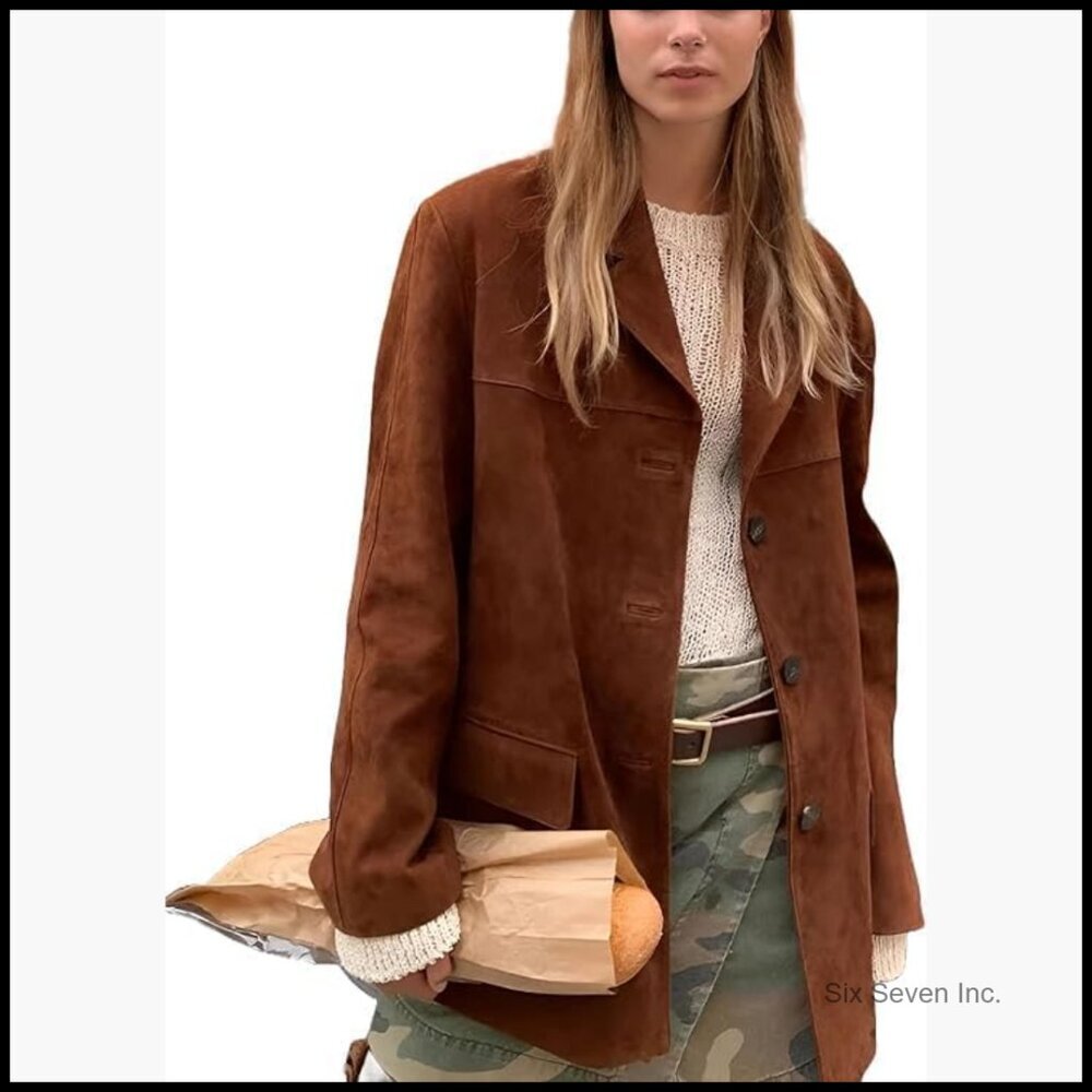 Suede Leather Blazer Jacket - Oversized Casual Coat Streetwear Style - Picture 3 of 3